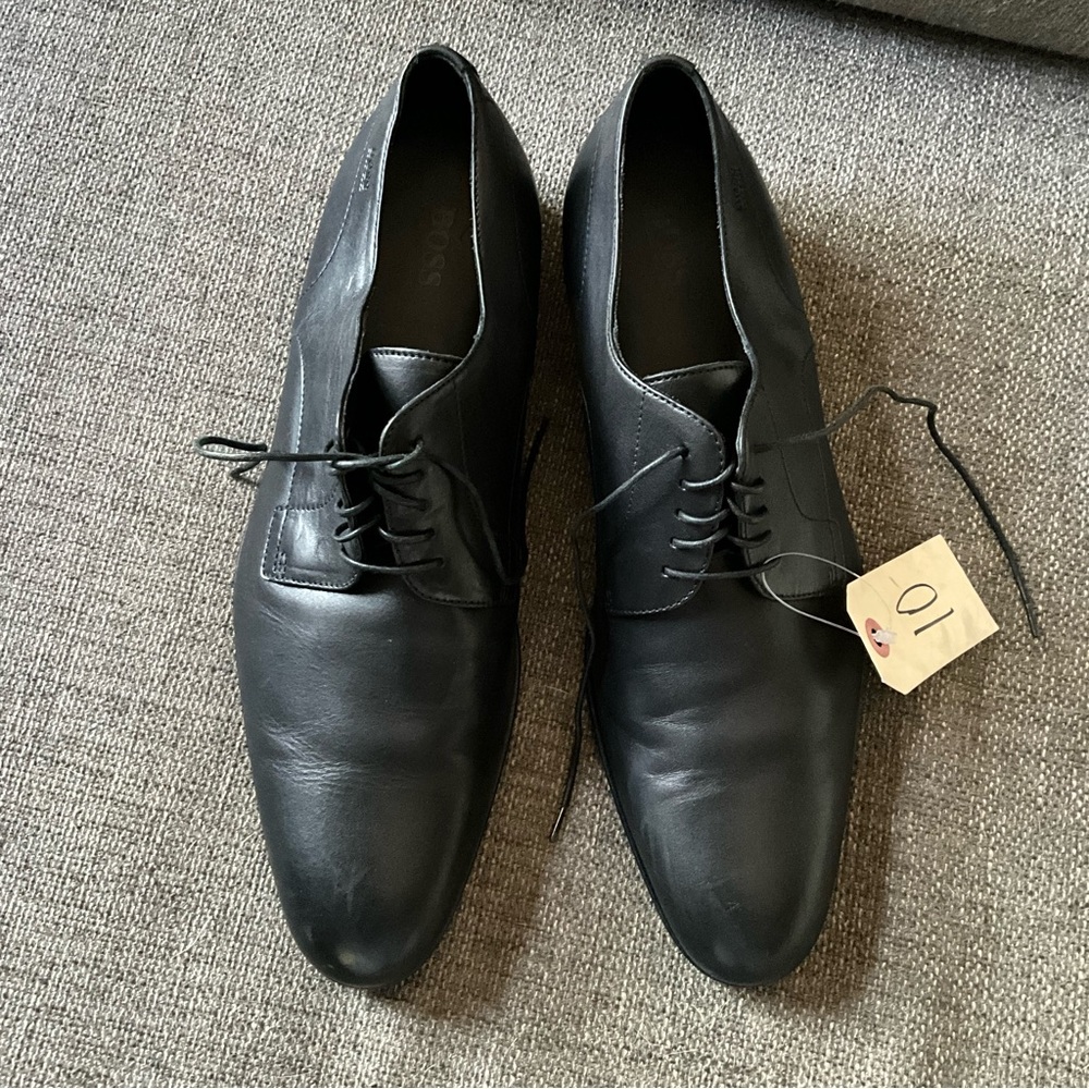 BOSS Hugo Boss mens Bronson black leather plain toe business dress oxfords 10